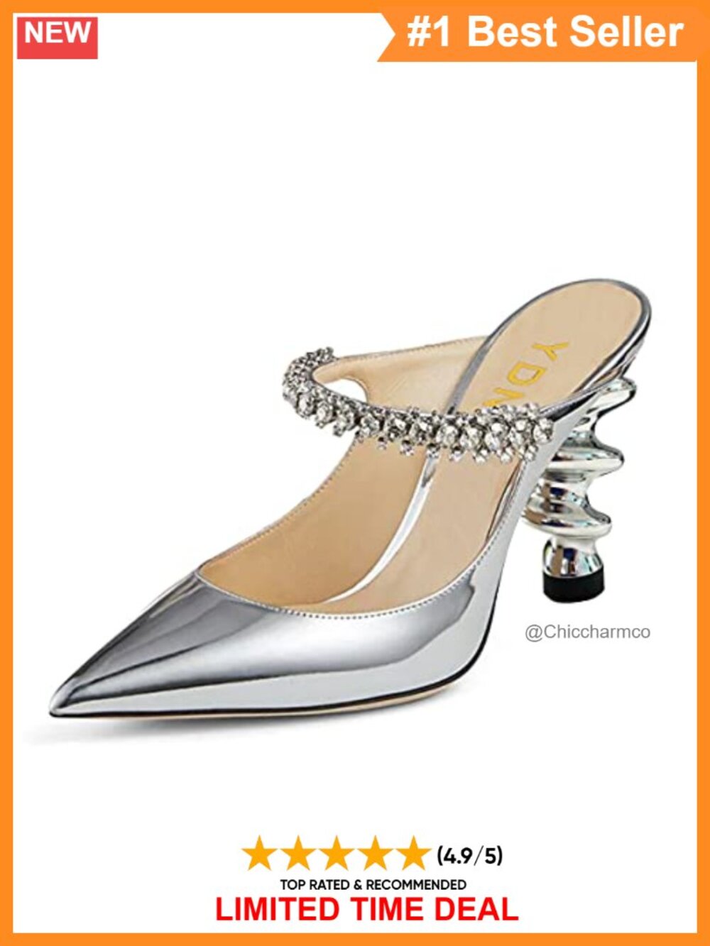 Metallic Spiral Heel Rhinestone Strap Pointed Toe Slip On Mules Party